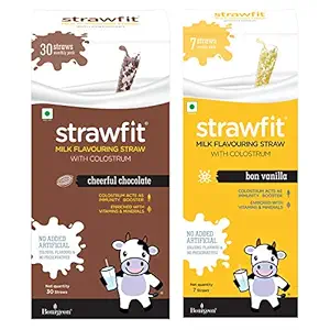 Strawfit 30 Chocolate & 7 Vanilla, Milk Flavoring Straw with Colostrum for Kids Immunity, Health and Nutrition, Total 37 Straws (2 Packs)