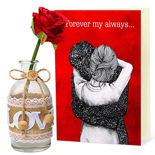 TIED RIBBONS Valentine's Best Gifts for Girlfriend, Boyfriend, Husband, Wife, Him, Her, Fiance Glass Vase, Rose and Greeting Card