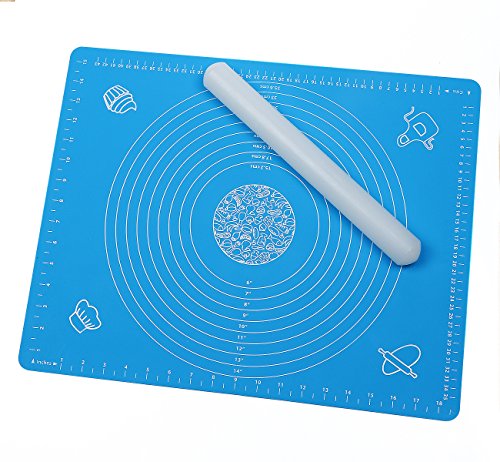 ilauke DIY Silikonpad Teigmatte 50*40cm mit Größe Zeichnen und Teigroller 33cm Ausrollstab Silikon-Arbeitsmatte Fondant ausrollen Tortendeko Ausstecher Ausstechform Modellierwerkzeug (set blau) - 2