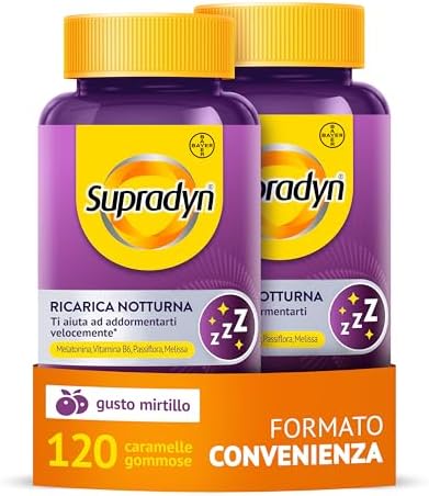 Supradyn Ricarica Notturna, Melatonina Per Dormire, con Vitamina B6, Passiflora e Melissa - Melatonina Forte 1mg Adulti - 120 caramelle gommose mirtillo