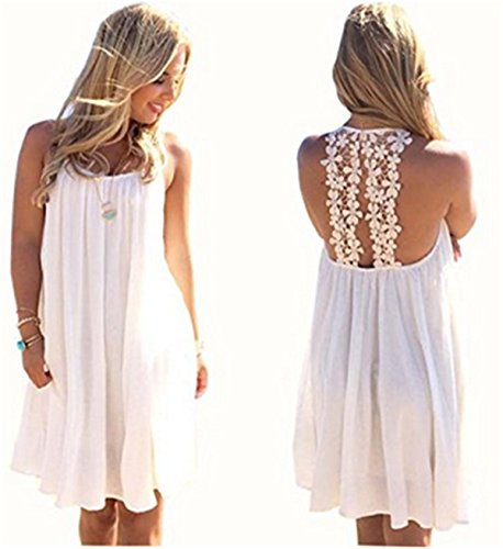 Damen Strandkleid Minikleid Oberteile ärmellos rückenfrei Sling Blumen bedruckt Neckholder Cover Up Frauen Sommerkleid Partykleid Freizeitkleid Trägerkleid Weiß - 4