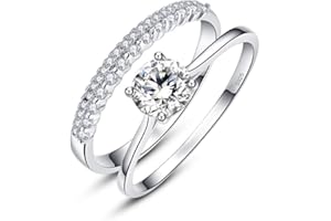 Bonlavie 0.9ct 925 Solid Sterling Silver White Cubic Zirconia Ring Set for Bride Wedding Band Engagement size R-T 1/2