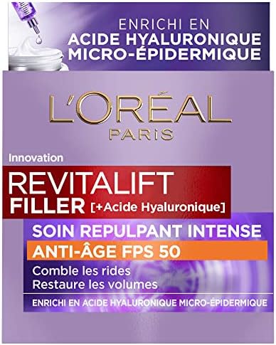 L'Oréal Paris - Trattamento Repellente Intense Anti-Aging FPS 50 - Crema Giorno con Acido Ialuronico con Protezione UV - Rughe & Ridules - Per Tutti i Tipi di Pelle - Revitalift Filler - 50 ml