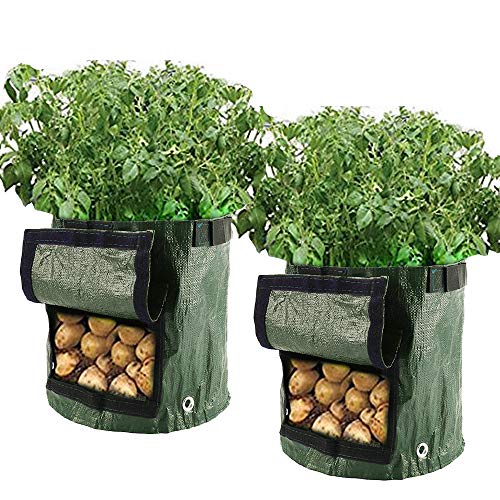 Librao 2 Pack 7 Gallon Planting Potato Grow Bags Waterproof PE Gardening Vegetable Planter Container with Flap and Strap Handles, Bottom Holes for Optimum Root Growth
