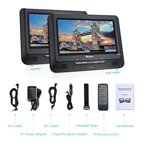 NAVISKAUTO Twin Screens Portable DVD Player 9 Inch Headrest Monitor LED Screen, 2700mAh Built-in 5 hours Rechargeable Battery, Support USB/SD CD MP3 ,with AC Power Adapter