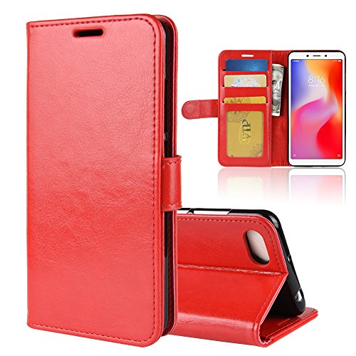 LAGUI Funda Adecuado para Xiaomi Redmi 6A, Carcasa Tipo Libro, Cubierta de Ranuras para Tarjetas, Caja de Soporte Horizontal y Solapa con Cierre magnético, Caso Que Protege Todo el teléfono. Rojo