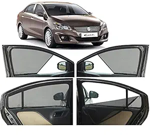 Autofact Half Magnetic Window Sunshades / Curtains for Maruti Ciaz [Set of 4pc - Front 2pc Half Without Zipper ; Rear 2pc Full with Zipper] (Black)