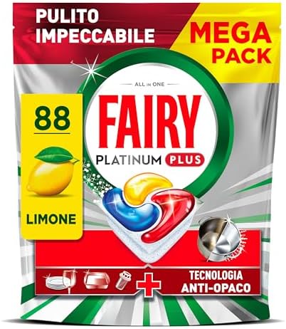 Fairy Platinum Detersivo Pastiglie Lavastoviglie Plus, Brillantante, 88 Capsule, Limone, Tecnologia Anti-Opaco, Contro Il Grasso e le Incrostazioni Ostinate Anche Nei Cicli Brevi