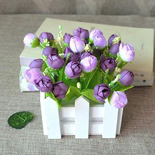Flikool Creative Artificial Potted Plant Artificial Flower Rose Faux Green Grass Fake Bonsai Greenery Simulation Plant Tree Decoration Ornaments with Fence Indoor Outdoor Hanging Planter Wedding Balcony Valentine's Day Decor 10*10*12cm - Purple