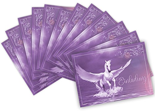 12 Lustige Einladungskarten im Set für Kindergeburtstag mit Pegasus Himmel Wolke Wiese Party für Mädchen Jungen Kinder Partyspiele Karten Rosa Pink witzig Einladung Geburtstag Schimmel Pferd Flügel - 4