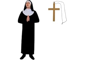 I LOVE FANCY DRESS Mens Nun Costume - Large - Black and White Robe, Matching Headpiece, Belt and Gold Cross Necklace - Adults Funny Stag Do Religious Halloween Fancy Dress Costume