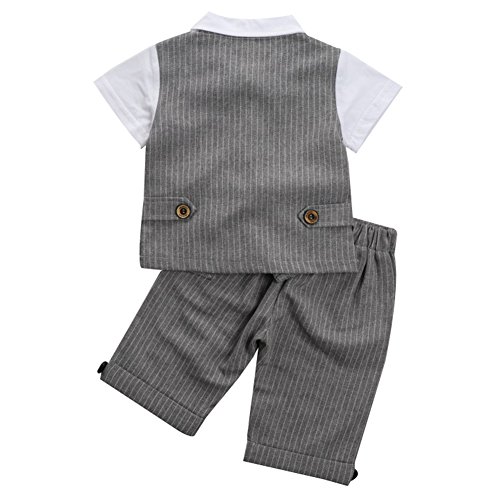  Baby Jungen 2-Teiliges Strampler Smoking Gentleman Anzug Kurzarm Streifen Outfits Sommer Kleidung Jumpsuit Spielanzug Taufkleidung mit Fliege (Grau, 80/12-18 Monate) - 2