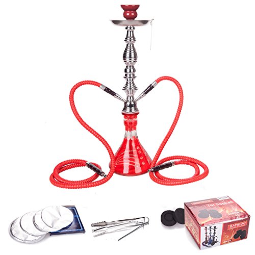 Topgoods Wasserpfeife Shisha Hookah mit 2 Schläuchen ca.53cm inkl. Alu Folie, Kohle, Kohlezange Zubehör NEU Händler Rot(Shisha + Alu folie und Kohle)