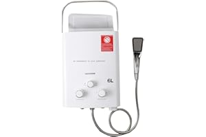 TABODD 6L LPG Propane Gas Water Heater, 1.6 GPM Portable Tankless Instant Hot Water Heater Boiler with Stainless Steel Shower Head Kit for Small Homes RV's Sailboats Cabins Camping, White
