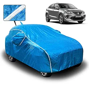 Carzex Waterproof Car Body Cover for Maruti Suzuki Baleno with Mirror and Antenna Pocket and Soft Cotton Lining (Full Bottom Elastic Triple Stitched) (Blue Metallic with White Piping)