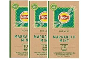 Lipton Thé Vert Marrakech Mint, 30 Capsules Compatibles Nespresso, Antioxydant et Parfumé, Menthe Fraîche et Délicate, Label Rainforest Alliance, 3x10 Capsules