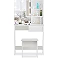 TUKAILAi White Dressing Table Set with Mirror and Stool and Bulbs Corner Cosmetic Table Makeup Desk with LED Adjustable Lights 1 Drawer and Shelf Bedroom Dresser Vanity Table Set