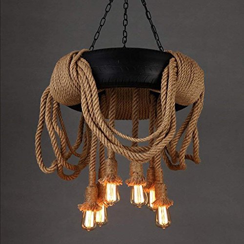 Preisvergleich Produktbild QAZ E27 Hanfseil Schwarz Reifen Pendelleuchte Deckenleuchte industrielle Retro Country Vintage Style Speisesaal Restaurant Bar Cafe Beleuchtung Kronleuchter, Durchmesser 60 cm Leuchten