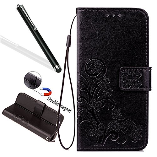 Galaxy S4 Leather Case,Galaxy S4 Floral Wallet Case,Leeook Card Slots Pu Leather Magnetic Closure Bookstyle Elegant Retro Pressed Flower Strap Flip Wallet Proective Case Cover with Stand for Samsung Galaxy S4+1x Black Stylus-Flower,Black