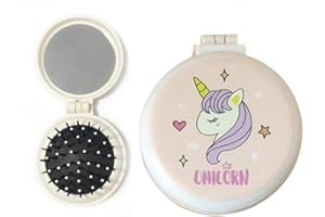 EMMEXX Kinder Mini Airbag-falt-kamm Mit Make-up-spiegel Mädchen Runde Massage Haarbürste Jungen Reisetaschen-spiegel-kamm Cartoon Einhorn-muster (lila)