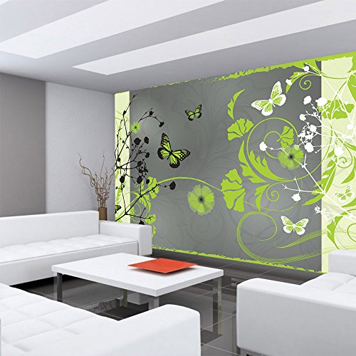 Fototapete 368×254 cm PREMIUM Wand Foto Tapete Wand Bild Papiertapete – Ornamente Tapete Blume Blüte Blätter Schmetterling Ranke grün – no. 2946 - 6
