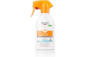 Eucerin Sun Kids Sensitive Protect Spray Trigger FPS50+ (250 ml), crema de sol con filtros UV, protector solar infantil en spray resistente al agua, protección solar para pieles sensibles