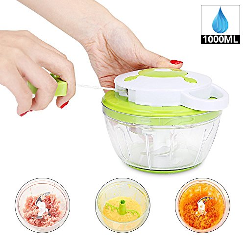 HOMMINI Cortador de Verduras, Picadora de carne,Picadora de verduras Manual de 1L,3 Cuchillas Giratorio de Acero Inoxidable (piquen sus frutas,verduras, chiles y cebolla para la salsa o ensalada