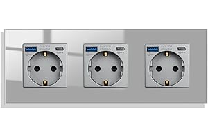 JIMEIDA Toma de cristal con USB 20W en color gris de empotrar, 3 compartimentos Tomas de 16A con USB A y Tipo C máx.3,1A, 228 * 86mm, 250V
