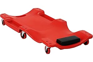 DURHAND Carrello sotto Auto con Poggiatesta Imbottito e 2 Vassoi Portaoggetti Laterali, Carrello da Meccanico in Plastica con 6 Ruote e Maniglia, 100x48x12 cm, Rosso