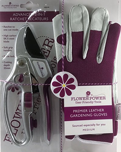 Ladies Leather Gardening Glove & Advanced 2-in-1 Ratchet Secateurs (Great for weaker hands) Set - Pr Ladies Leather Gardening Glove & Advanced 2-in-1 Ratchet Secateurs (Great for weaker hands) Set - Pr