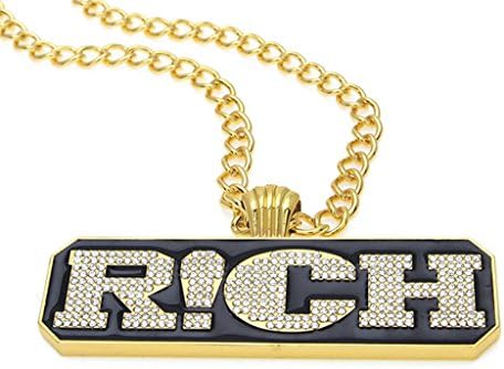 RICH Rapper China Letter Alphabet Rhinestone Gold Hip Hop Necklace(28in Chain)