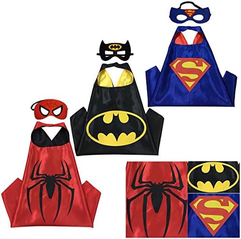 SquishyBean 3 sets Kids Cape and Masks SUPERMAN BATMAN and SPIDERMAN Costumes Super Hero Dress Up SUPERMAN BATMAN &amp; SPIDER-MAN Costumes Avengers SUPERMAN BATMAN and SPIDERMAN fancy dress