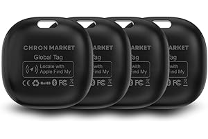 Chron Market Air Tag, Bluetooth Gps tracker auto, localizzatore oggetti, Cani, chiavi, Gatti, Borse, Valigie, Batteria Sostituibile, (Compatibile solo iOS, App Dov'è) (CONFEZIONE DA 4 PEZZI, NERO)
