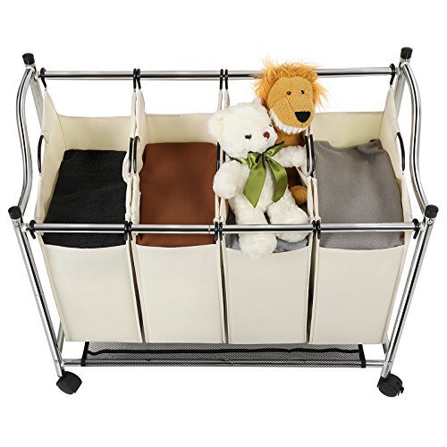 Songmics Wäschesortierer Wäschekorb Wäschewagen mit 4 × fächer beige LSF005S - 6
