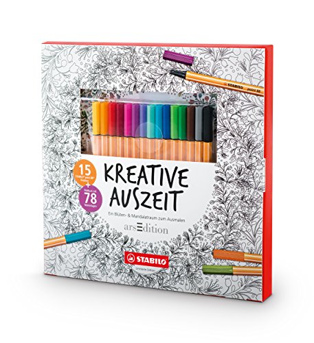 Stabilo KREATIVE AUSZEIT Erwachsenen-Malbuch (78 filigrane Motive, inklusive point 88 Fineliner) 15er Pack