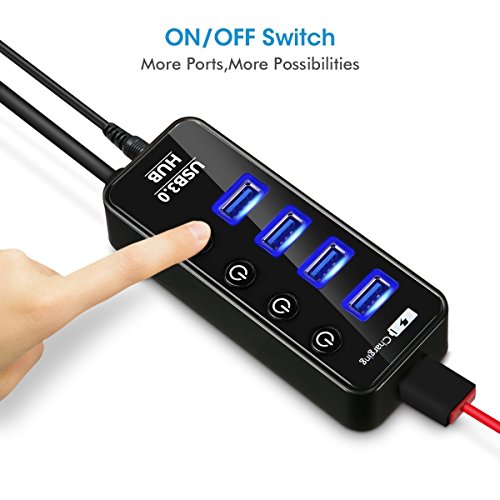 4 Port USB 3.0 Hub, ELEGIANT High Speed Switch USB 3.0 Datenhub 4 Port Hub Adapter Verteiler Datenübertragung Power mit mit 1 Ladeport(Max 2.4A) und 4 Schaltern 5Gbps Data Transfer Ports Splitter AC Power Adapter für Win7/8/10 PC Mac Macbook Laptop Notebook Windows MAC iPhone, iPad, Samsung, Motorola, HTC und andere USB 3.0 kompatiblen Geräten (mit Netzteil) - 4