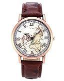 JSDDE Uhren,Retro Weltkarte Armbanduhr Römische Ziffern Bronze Gehäuse Lederband Kleid Analog-Quarz-Uhren,Braun