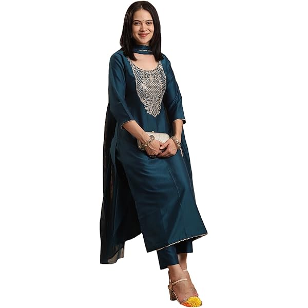 Janasya Indian Dames Off-White Poly Zijde Kurta met Broek en Dupatta Gebroken Wit XS