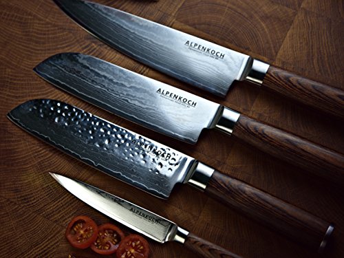Damastmesser von ALPENKOCH – 20 cm Klinge – Kochmesser – HRC 60 – Äußerst scharf! – Pakka-Holz Griff – perfekt ausbalanciert – Ideal für Hobby- & Profiköche mit hohen Ansprüchen (Chef) - 7