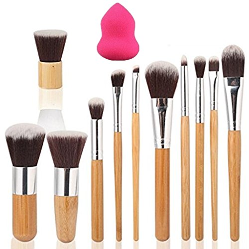 Tinabless 11pcs Make Up Brushes Set Cosmetic Professional Bamboo Brush Kits with Travel Bag + Makeup Sponge Puff