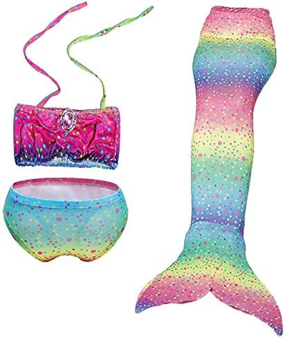 Fadirew 3PCS Girls Mermaid Tail Swimsuit Mermaid Shell Bikini Princess Kids Cosplay Costume Fancy Sea-Maid Swimwear Set Swimming Costume, Rainbow, 100cm
