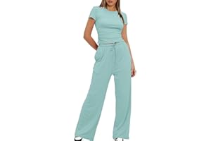 KUIH Women's 2 Piece Short Sleeve Tracksuit for Women UK Soft Stretch Loungewear Set Plus Size Wide Leg Trousers High Waist Yoga Outfits Ladies Casual Jogger Set Gym Clearance