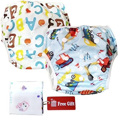 Swim Nappy Set: Pack of 2 Reusable Adjustable Swimming Diapers for 0 - 2yr Baby, Number + Car Designs