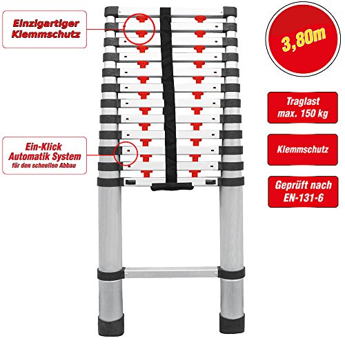 Grafner® Qualitäts Aluminium Teleskopleiter 3,8m mit Klemmschutz 1-Klick-Automatiksystem Anlegeleiter Teleskop Leiter Sprossenleiter Schiebeleiter 380 - 2