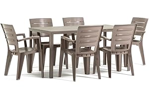 RATTATAN Thomas & Anita - Ensemble de Salle à Manger de Jardin pour 6 Personnes avec Table Thomas et chaises Anita, chaises empilables en résine Effet Bois avec accoudoirs (Gris Tourterelle)