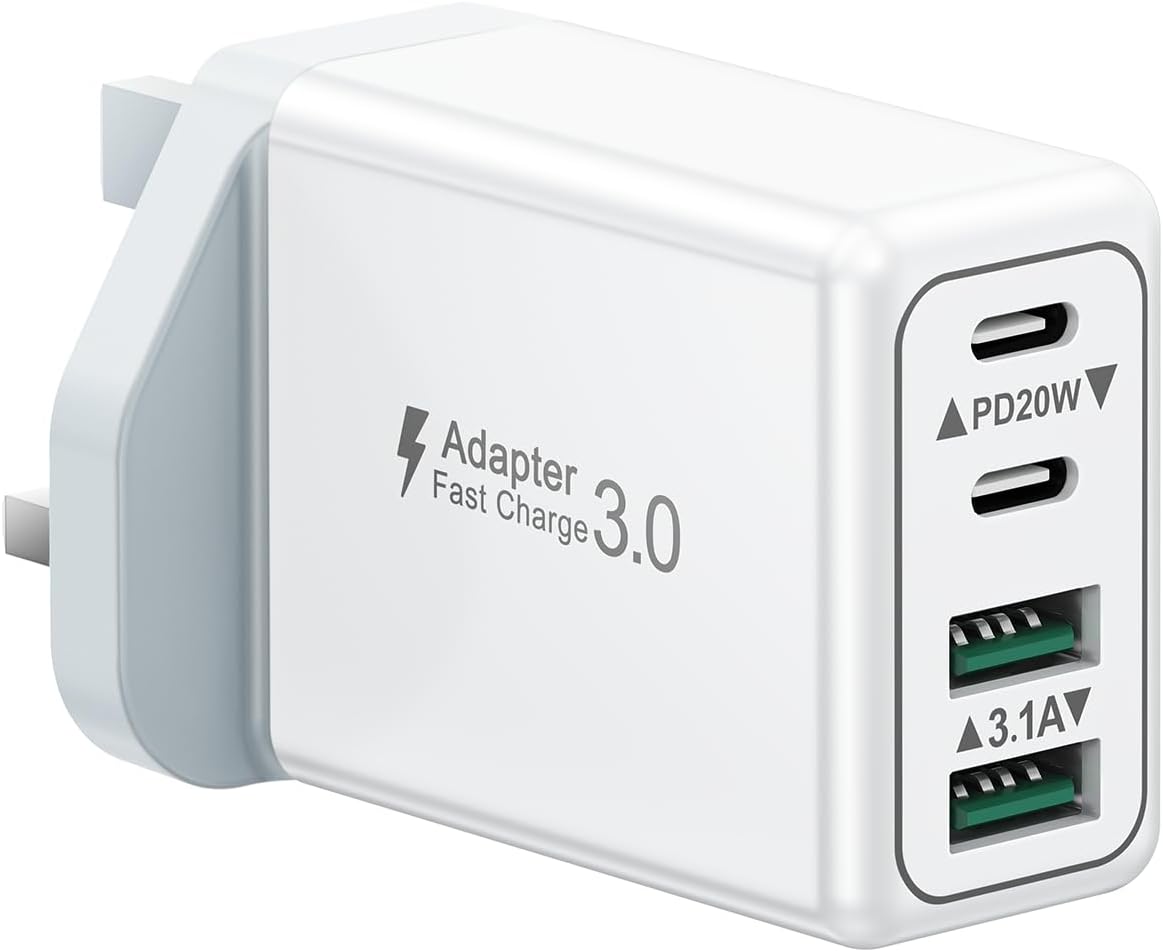 USB C Plug, 40W 4-Port Fast Charger Plug UK Dual Port PD Power Adapter +QC Multi Mains Wall Charger Type C Charging Plug for iPhone 16 15 14 13 12 11 Pro Max Plus XS XR SE,Samsung, iPad, AirPods