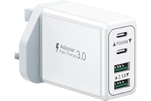 SUIWEL USB C Plug, 40W 4-Port Fast Charger Plug UK Dual Port PD Power Adapter +QC Multi Mains Wall Charger Type C Charging Plug for iPhone 16 15 14 13 12 11 Pro Max Plus XS XR SE,Samsung, iPad, AirPods