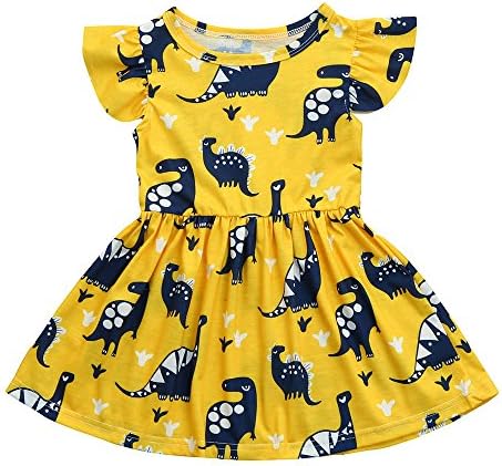 NING Toddler Kid Baby Girl Short Sleeve Dinosaur Printing Party Dress Outfits Clothes(Yellow Size:2 Years)