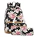 Produktbild MORGLOVE Blumen Schulrucksack Mädchen Teenager Canvas Freizeit Groß Damen Rucksack (Schwarz- Set 3)
