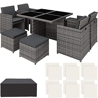 TecTake 403082 Ensemble Salon de Jardin en Aluminium Résine Tressée Poly Rotin Table Set 4+1+4, avec Housse de Protection, Deux Set de Housses, Vis en Acier Inoxydable, Gris